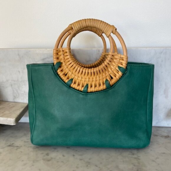 ANTHROPOLOGIE Marianne Green Tote Bag Wicker Handle - Picture 9 of 16